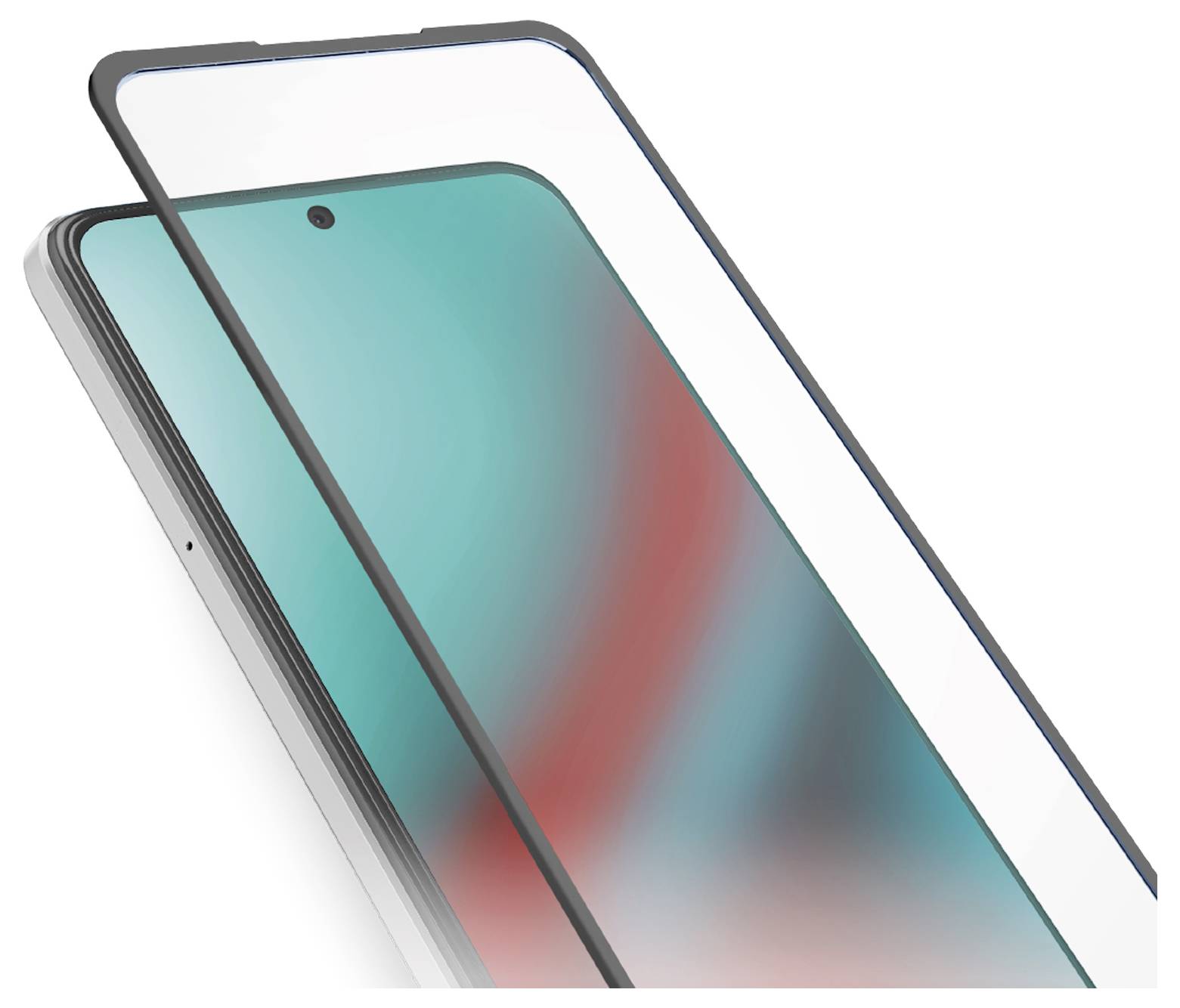 Ein Smartphone mit einem farbenfrohen Bildschirm wird mit einer Displayschutzfolie gezeigt, die über dem Gerät schwebt und Installation oder Schutz anzeigt.