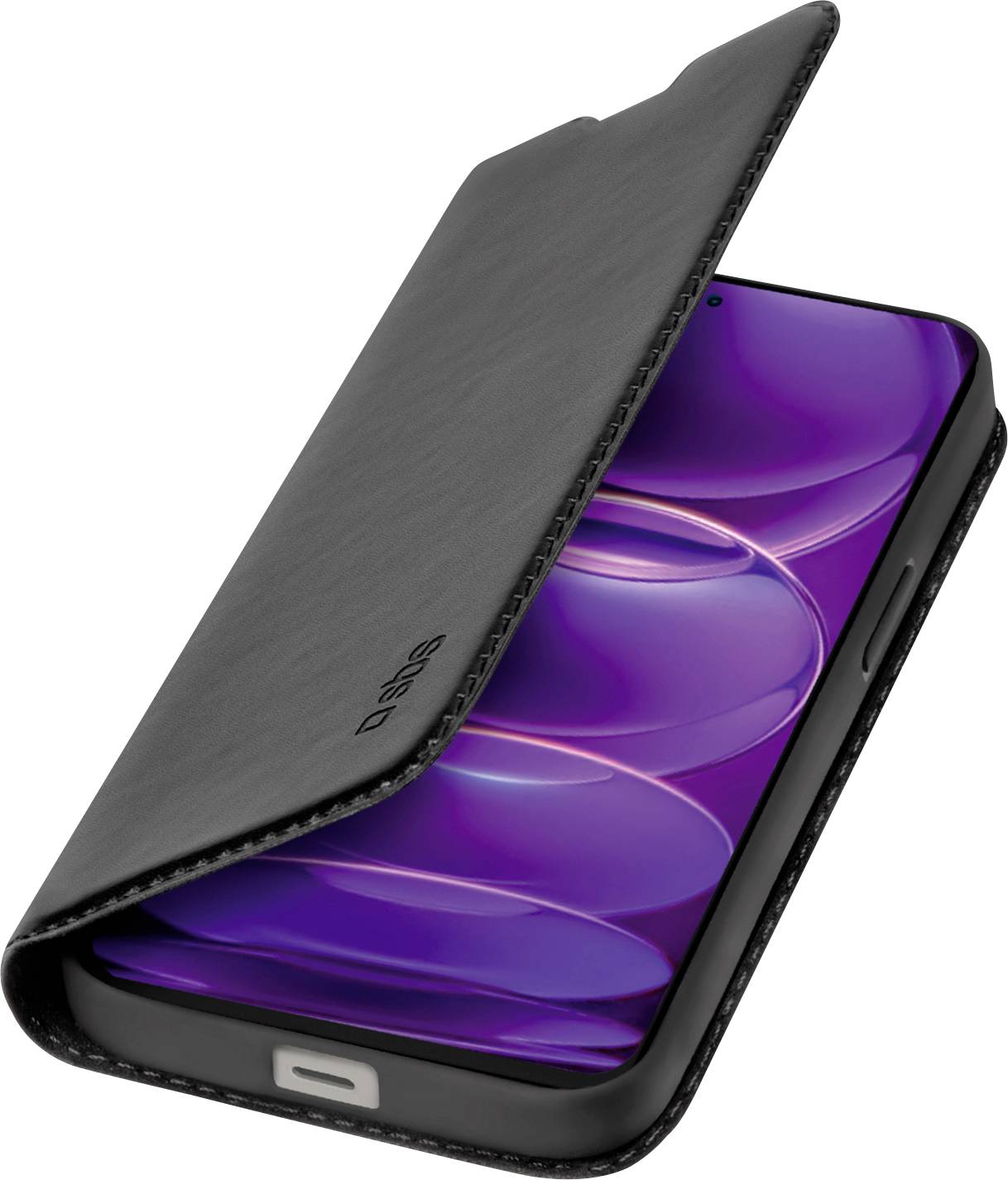 Ein Smartphone, das teilweise in einer schwarzen Lederklapptasche eingehüllt ist, wobei der Bildschirm ein violettes abstraktes Design anzeigt.