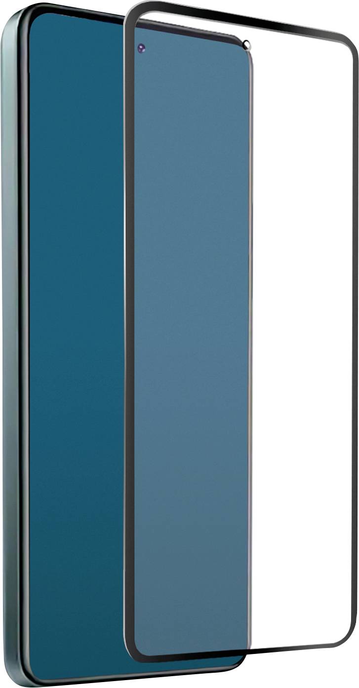 Ein Smartphone mit einem teilweise aufgelegtem Hartglasschutzfilm, das dessen randlos verlaufende Abdeckung und perfekte Passform hervorhebt.