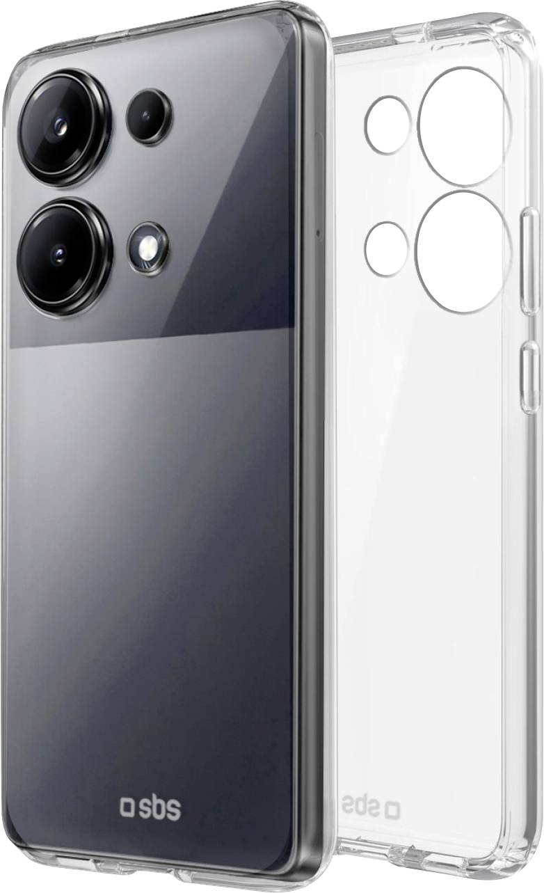 Ein Smartphone mit transparentem Schutzgehäuse; verfügt über drei rückseitige Kameras und ein elegantes Design.