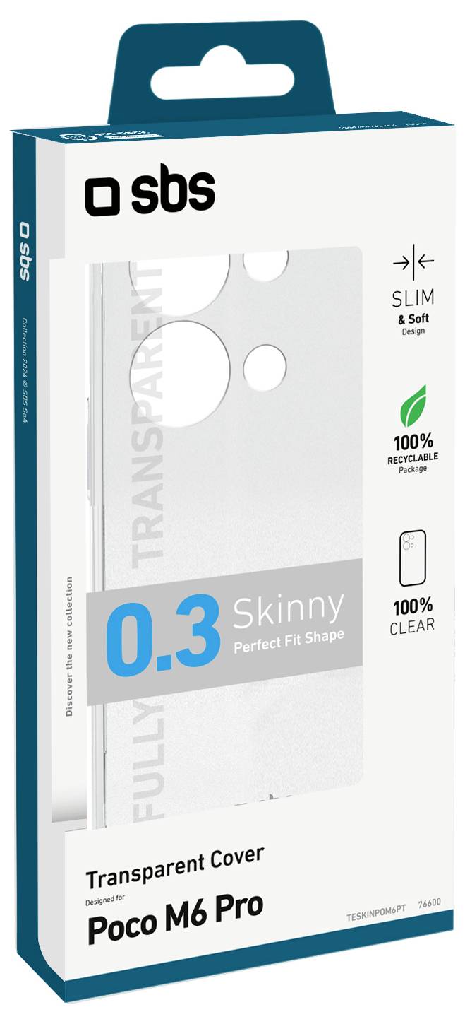 Transparente Schutzhülle für Poco M6 Pro' Verpackung, die Hauptmerkmale hervorhebt: schlanke Passform, weiches Griffgefühl, vollständig transparent, 100% recycelbar.
