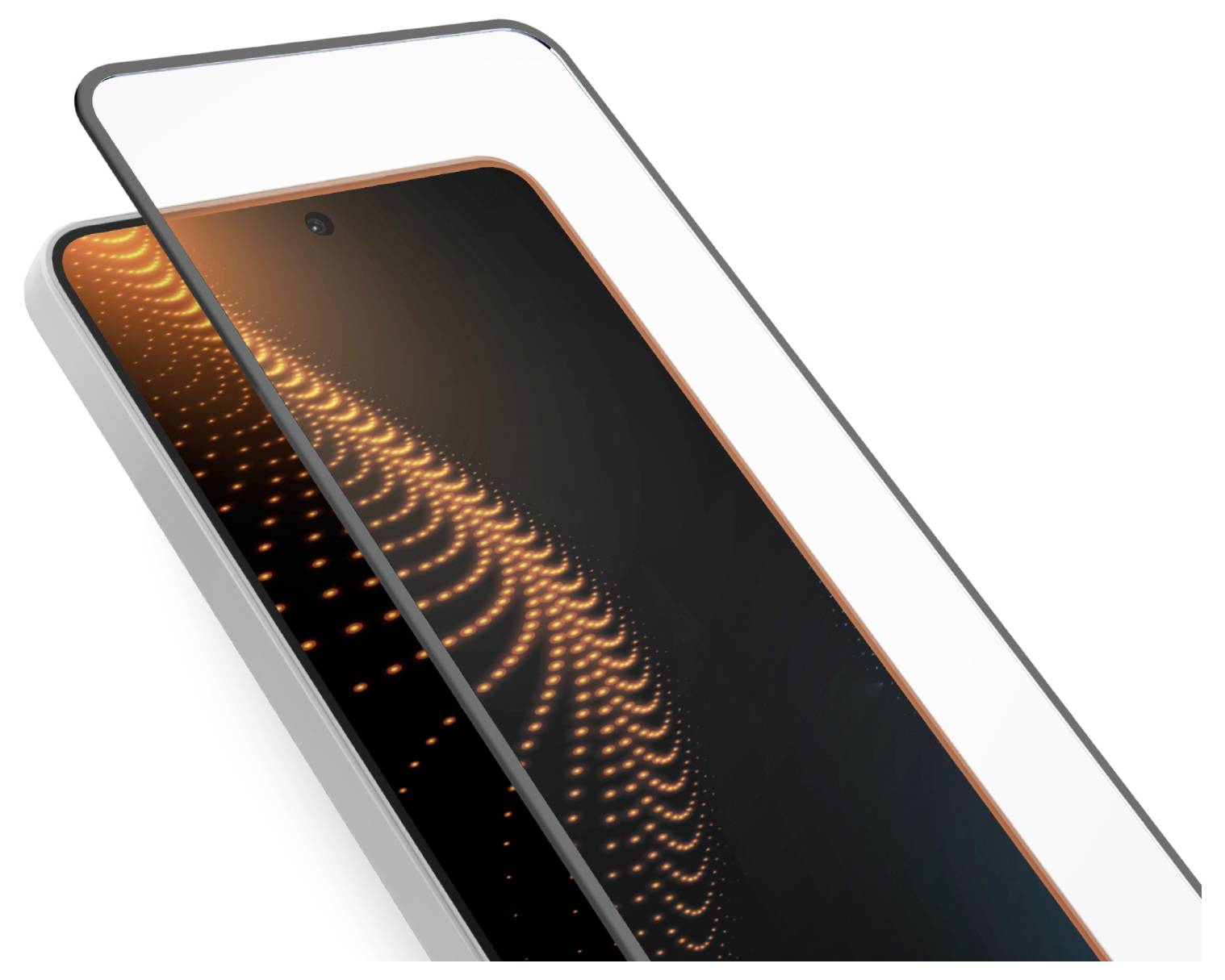 „Smartphone mit leuchtenden orangefarbenen Mustern auf dem Bildschirm, überlagert durch eine transparente rechteckige Schicht, vor weißem Hintergrund.