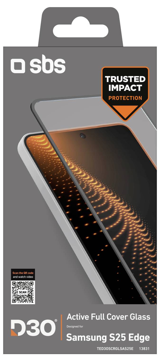 D30 Active Full Cover Glass für Samsung S25 Edge Verpackung zeigt Displayschutzfolie mit „Trusted Impact Protection