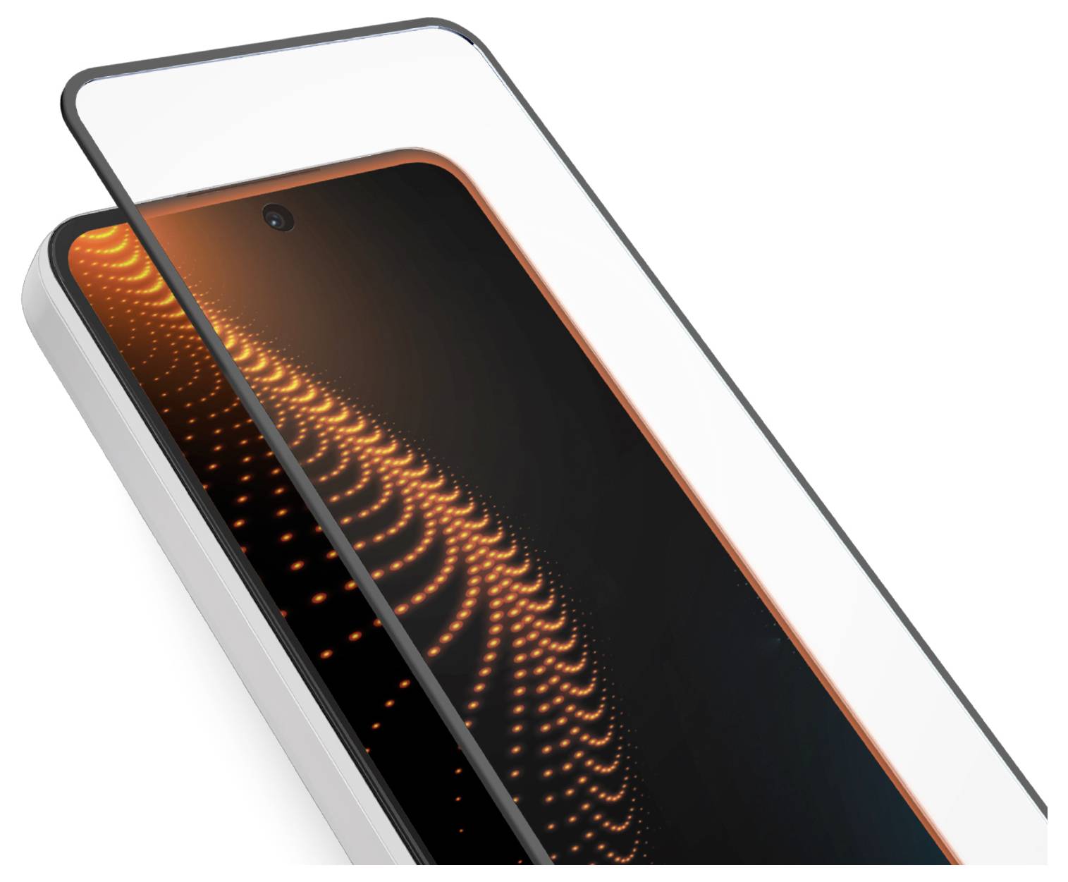 Ein Smartphone-Bildschirm mit einer Schutzglasabdeckung, das auf dem Display ein abstraktes orange- und schwarzes digitales Mustermuster zeigt.