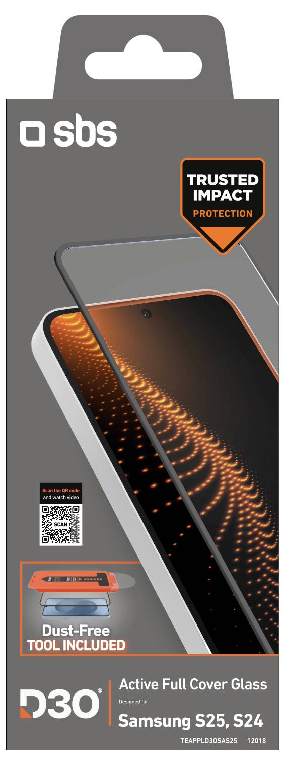 Paket für SBS D3O Active Full Cover Glas, kompatibel mit Samsung S25, S24. Bietet „TRUSTED IMPACT PROTECTION