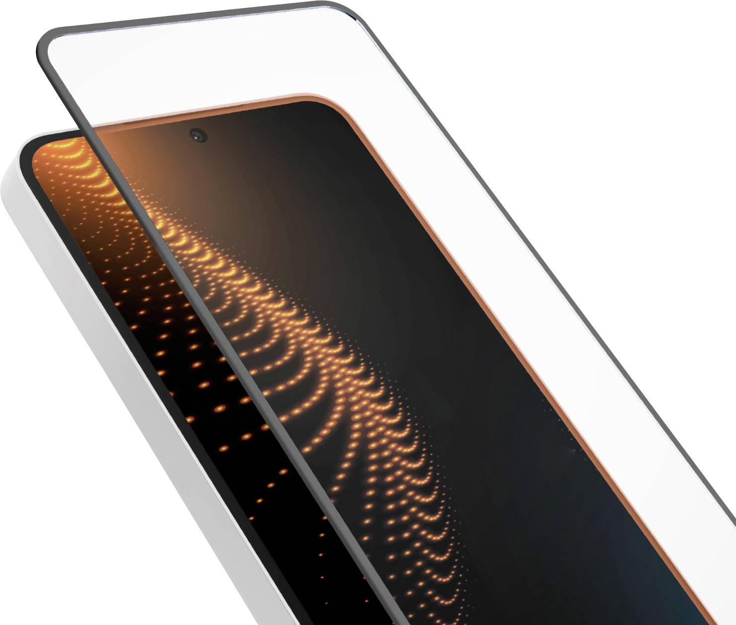 Ein Displayschutz für ein Smartphone wird angebracht, mit einer Nahaufnahme des beleuchteten Displays des Telefons mit orangefarbenen Lichtmustern.