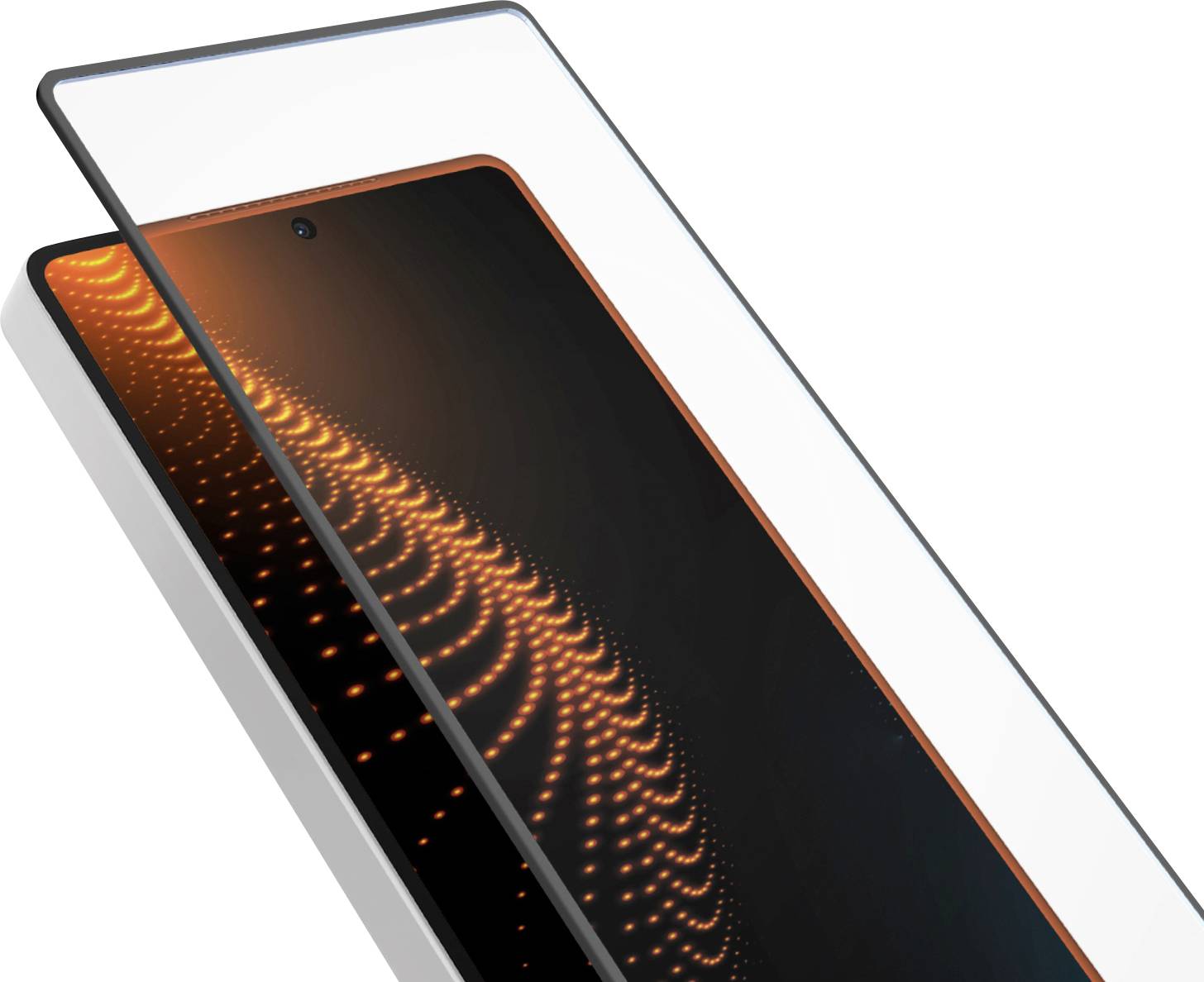 Nahaufnahme eines Smartphones mit gebogenem Display, das ein abstraktes Muster von leuchtenden orangefarbenen Punkten vor schwarzem Hintergrund zeigt.