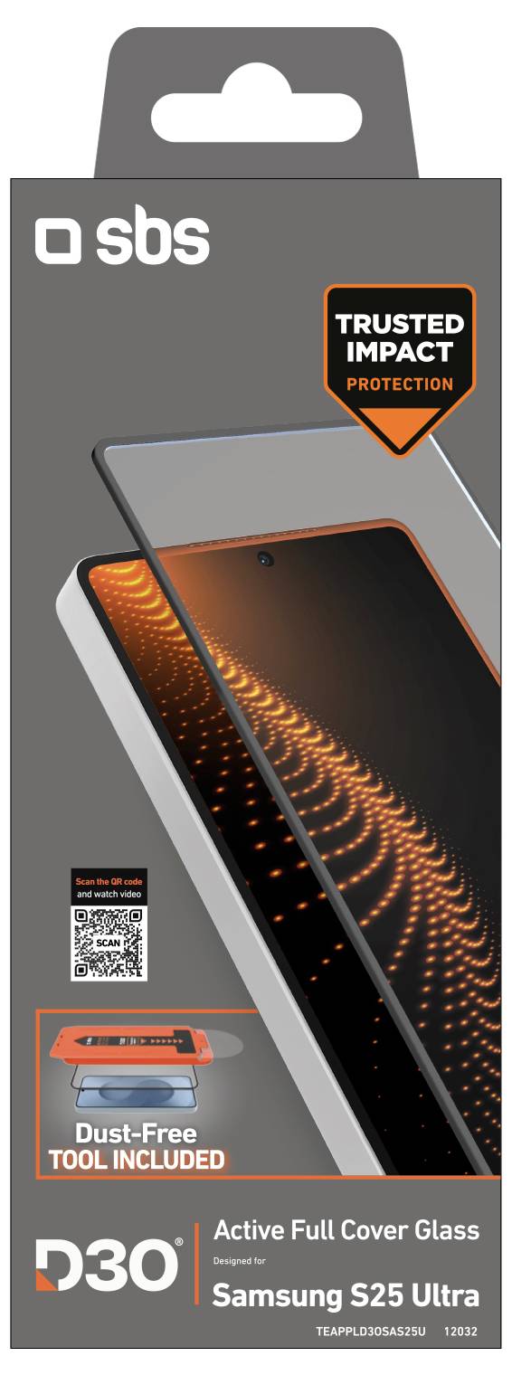 Schachtel mit SBS D3O Active Full Cover Glas für Samsung S25 Ultra. Funktionen umfassen zuverlässigen Aufprallschutz und im Lieferumfang enthalten ist ein staubfreies Werkzeug.