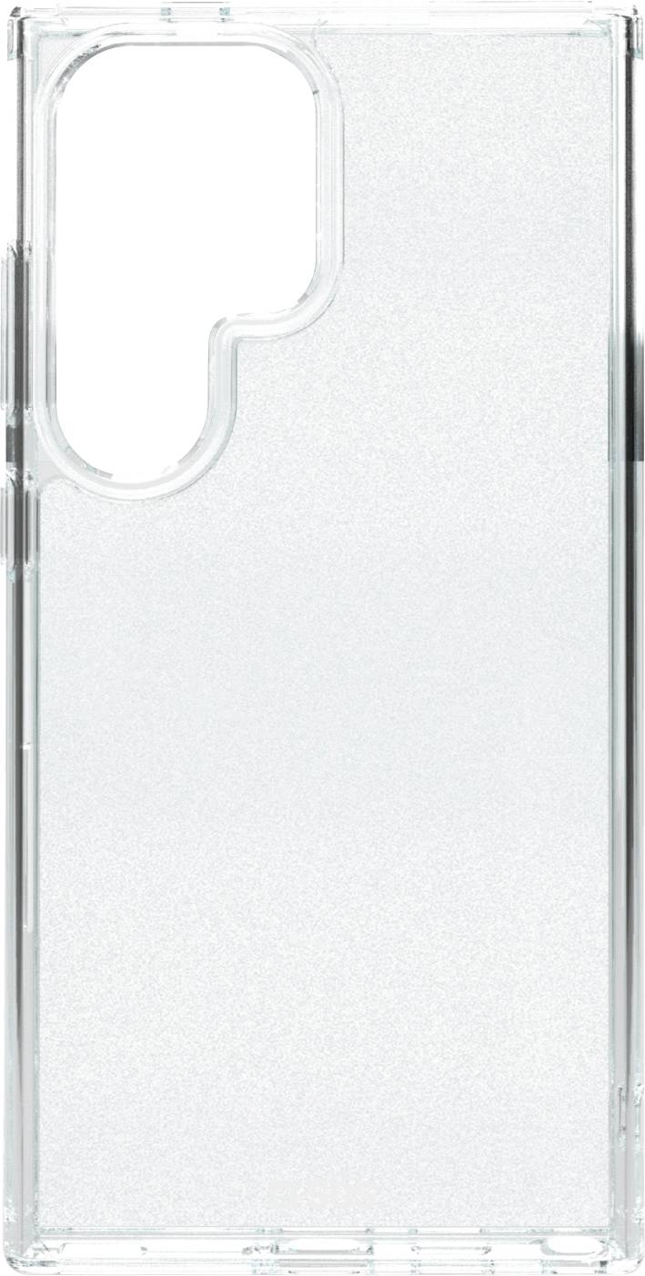 Ein transparentes Handyhülle mit einer Aussparung für das Kameramodul, entworfen für ein Smartphone mit rechteckiger Form und abgerundeten Ecken.