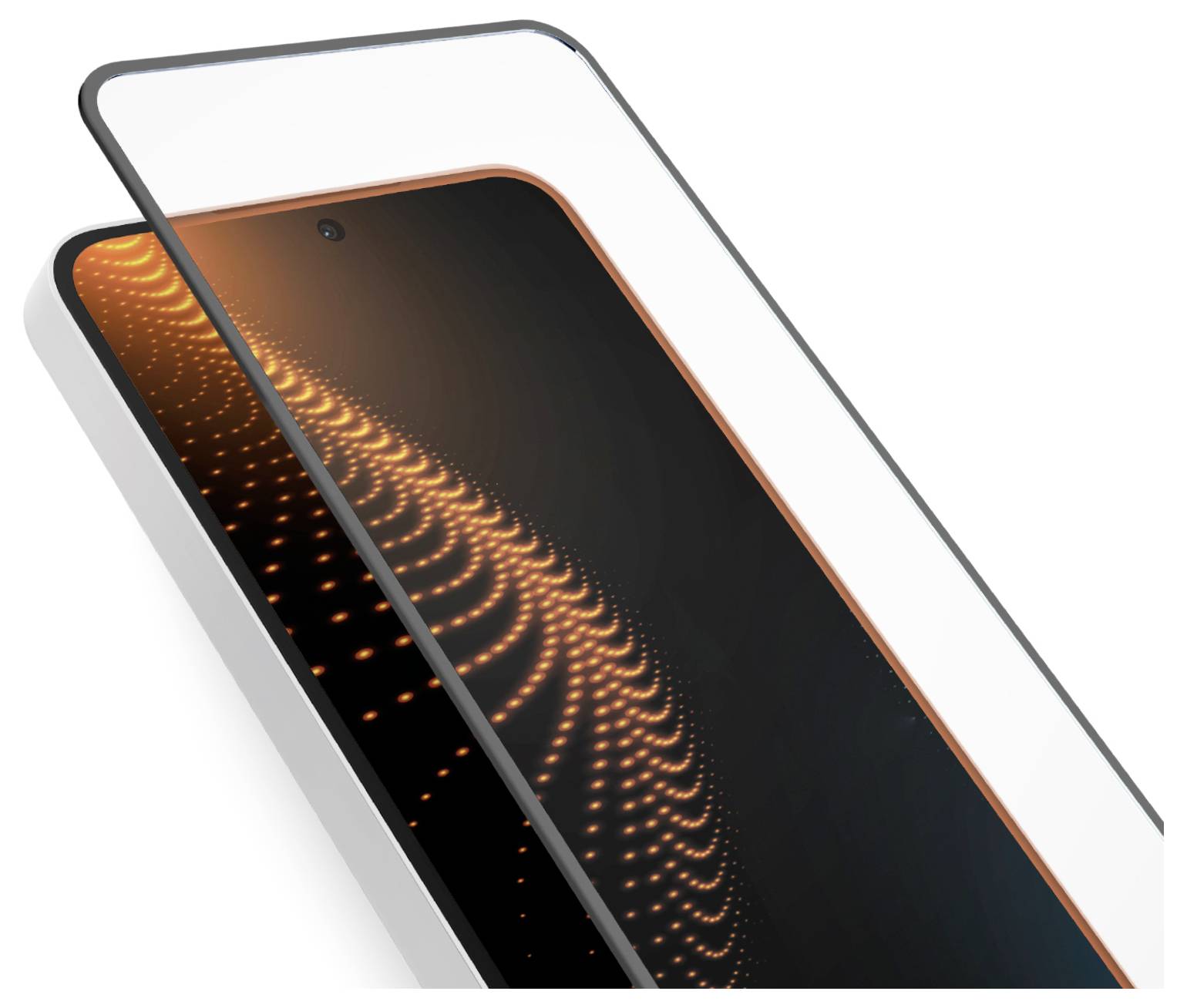 Ein Nahaufnahmebild eines Smartphone-Bildschirms, das dynamische orangefarbene Lichtmuster auf schwarzem Hintergrund anzeigt und fortschrittliche Display-Technologie andeutet.