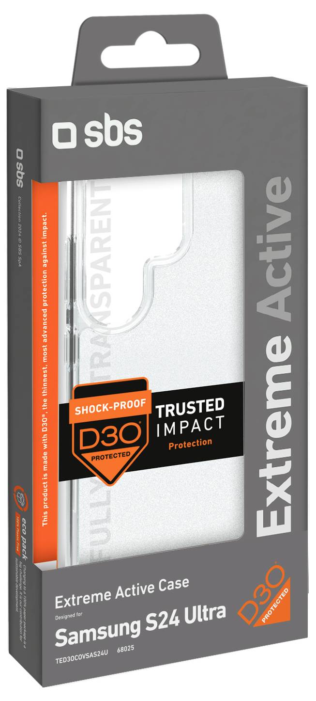 Ein Einzelhandelspaket mit einem SBS Extreme Active Case für Samsung S24 Ultra, mit D3O-Schockschutz auf der Verpackung dargestellt.