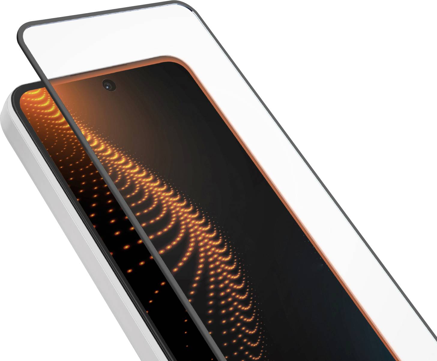 Ein Smartphone mit einem gekrümmten Display mit orangefarbenen Lichtstreifenmustern, die einer abstrakten Welle ähneln, vor einem sauberen, weißen Hintergrund.