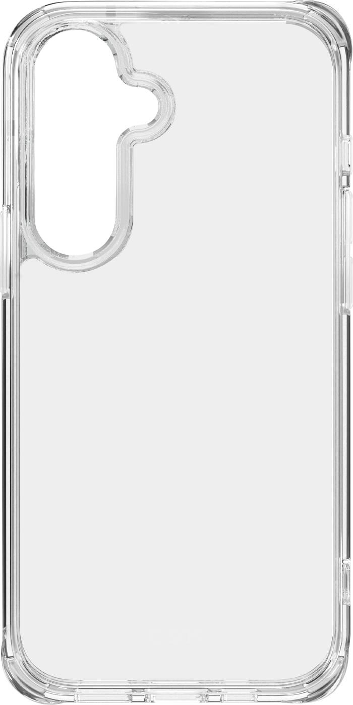 Transparente Handyhülle mit einer Aussparung für ein Dual-Kamera-Setup, entworfen für ein Smartphone, zeigt transparentes Schutzhüllenmaterial.