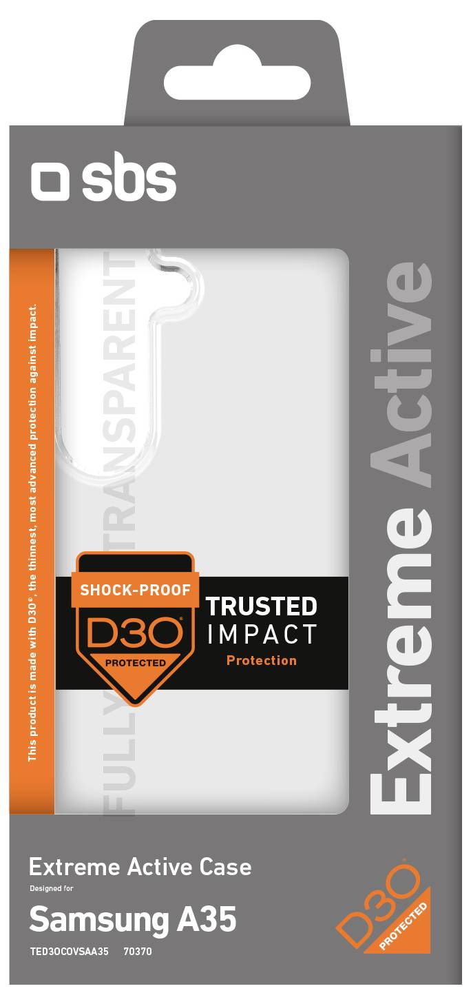 SBS Extreme Active Case für Samsung A35, stoßfest und vollständig transparent, mit bewährtem D3O Aufprallschutz.