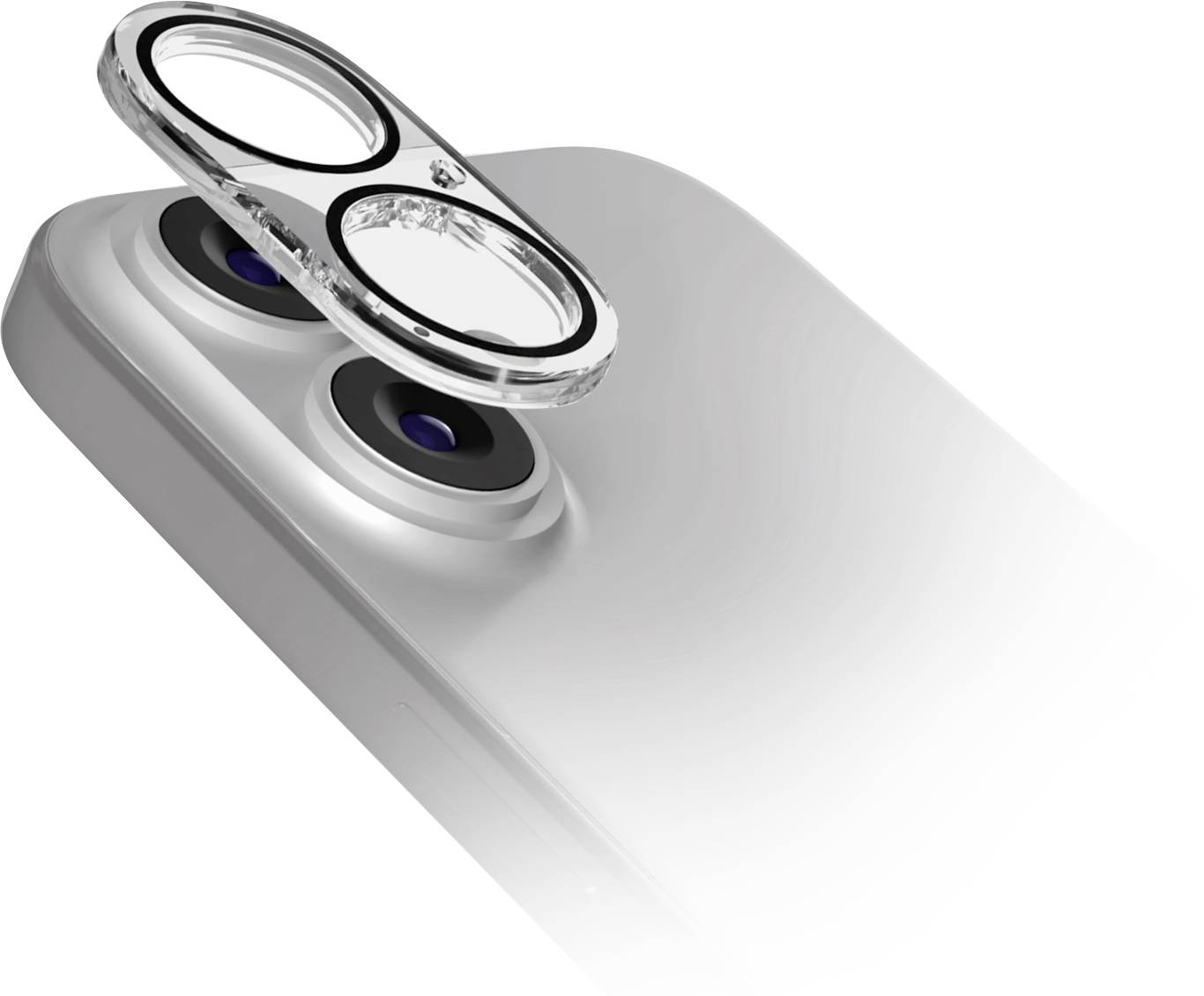 Ein Smartphone mit einer abgelösten, schwebenden Linse darüber, die Linsientechnologie oder Reparatur veranschaulicht.