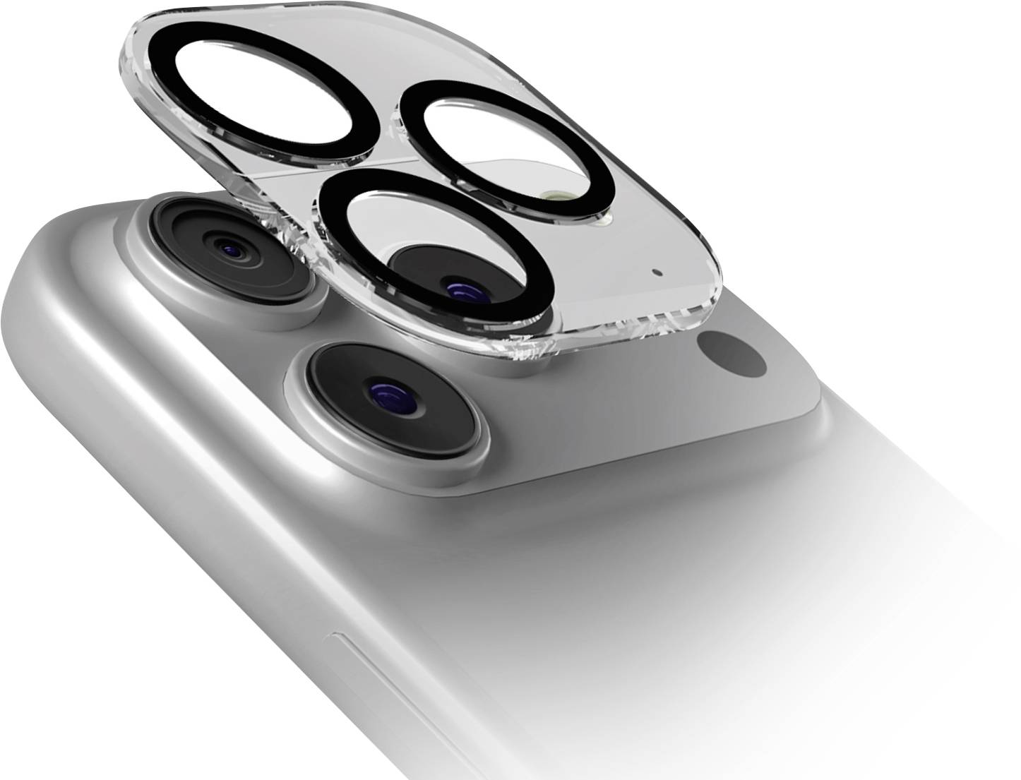 Nahaufnahme der Rückseite eines Smartphones mit einem Dual-Kamerasystem und einer separaten transparenten Abdeckung mit Aussparungen für die Linsen.