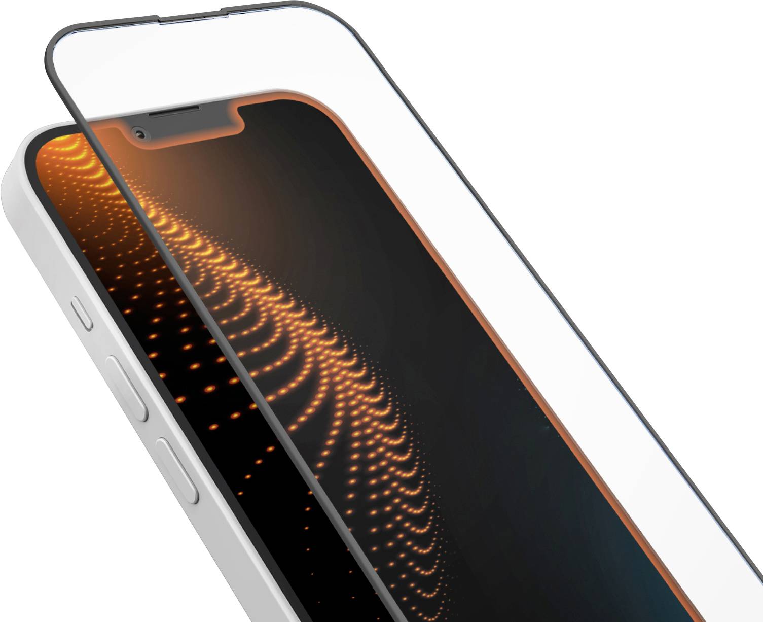 Smartphone mit einem leuchtenden Muster auf dem Bildschirm, teilweise bedeckt durch eine transparente Displayschutzfolie mit gebogenen Kanten, vor weißem Hintergrund.