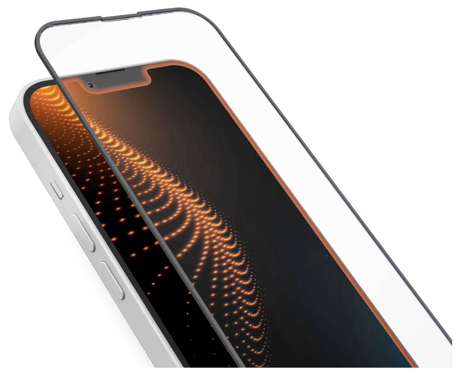 Smartphone mit einer gehärteten Glasschutzfolie oben; orange digitale Muster sind auf dem Display des Telefons sichtbar.