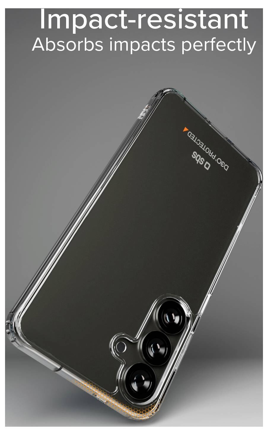 Transparente Handyhülle für ein Samsung Galaxy A54 auf der Verpackung, die eine klare, schlanke Hülle mit Ausschnitten für die Kamera auf blauem und weißem Hintergrund zeigt.