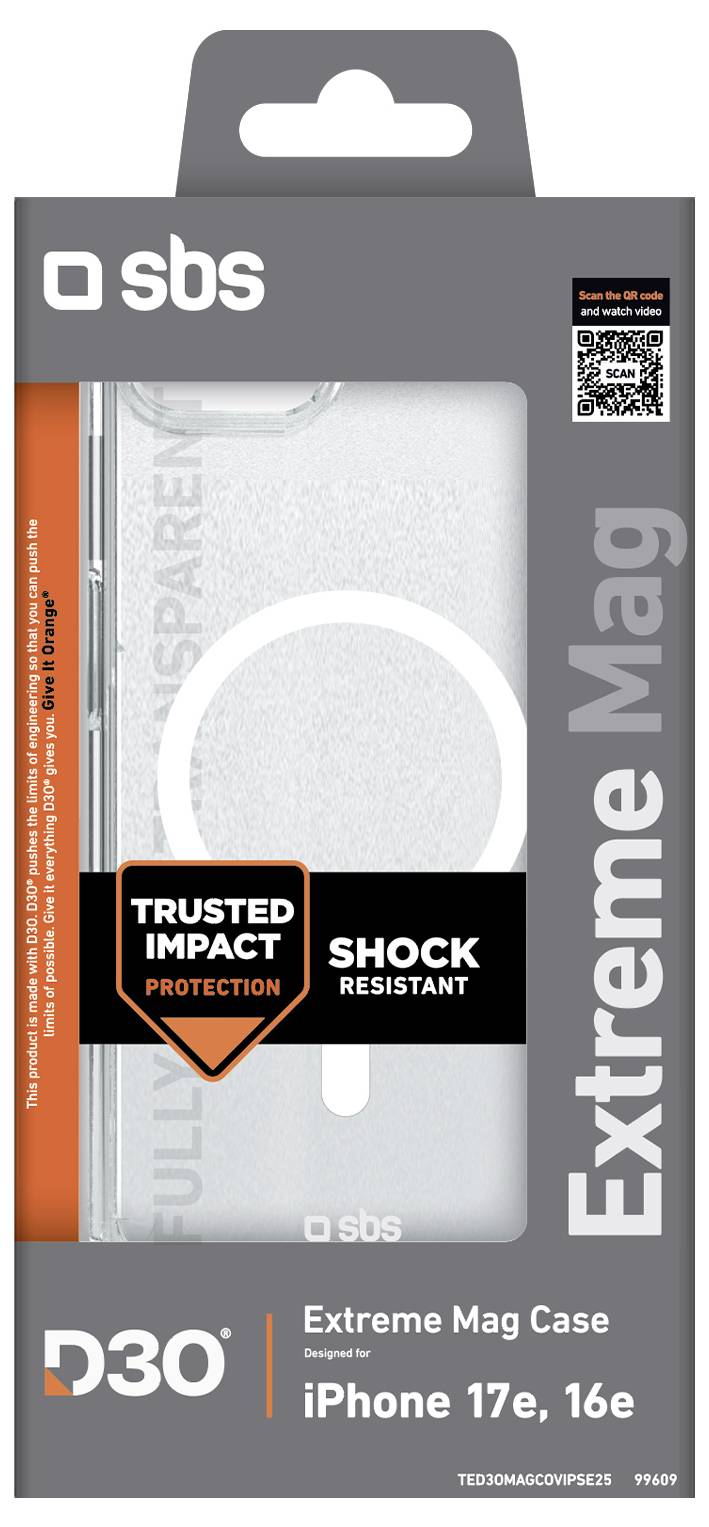 »Extreme Mag Case« Verpackung für iPhone 17e, 16e. Features »Trusted Impact Protection«, »Shock Resistant«. Transparente Schutzhülle mit MagSafe-Ring.