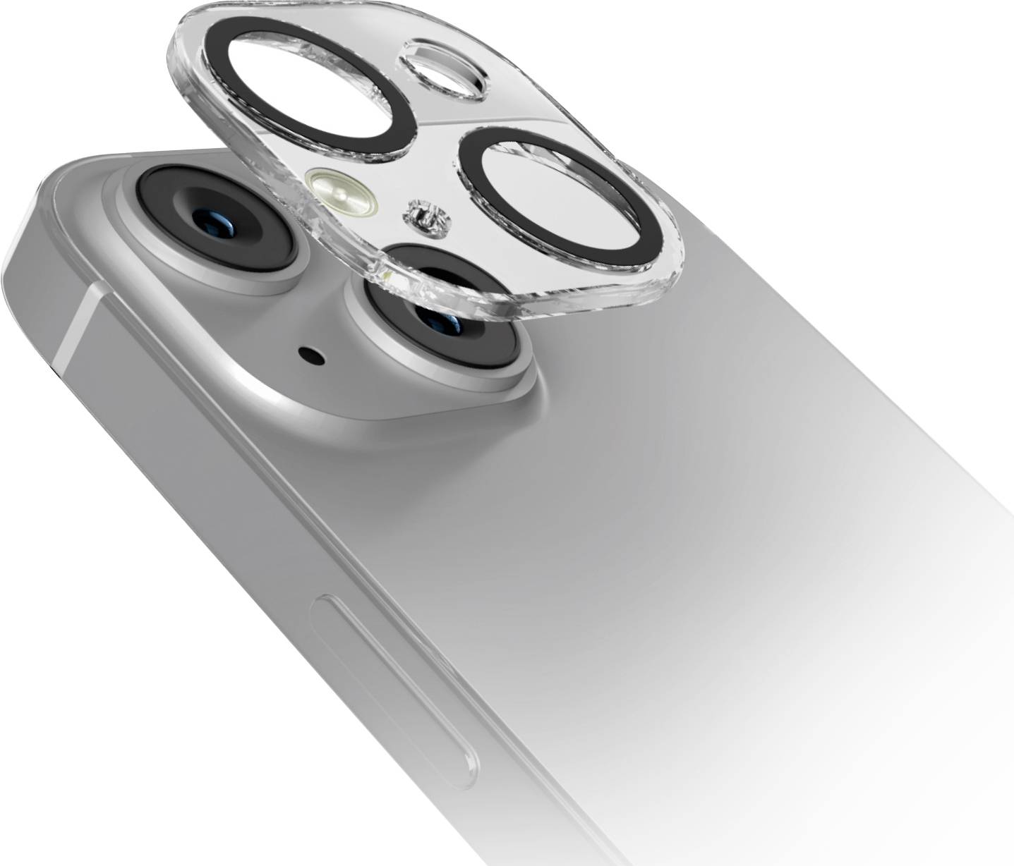 Nahaufnahme eines Smartphones mit Dual-Kameras und einem transparenten Linsenschutz, der über die Objektive montiert wird.