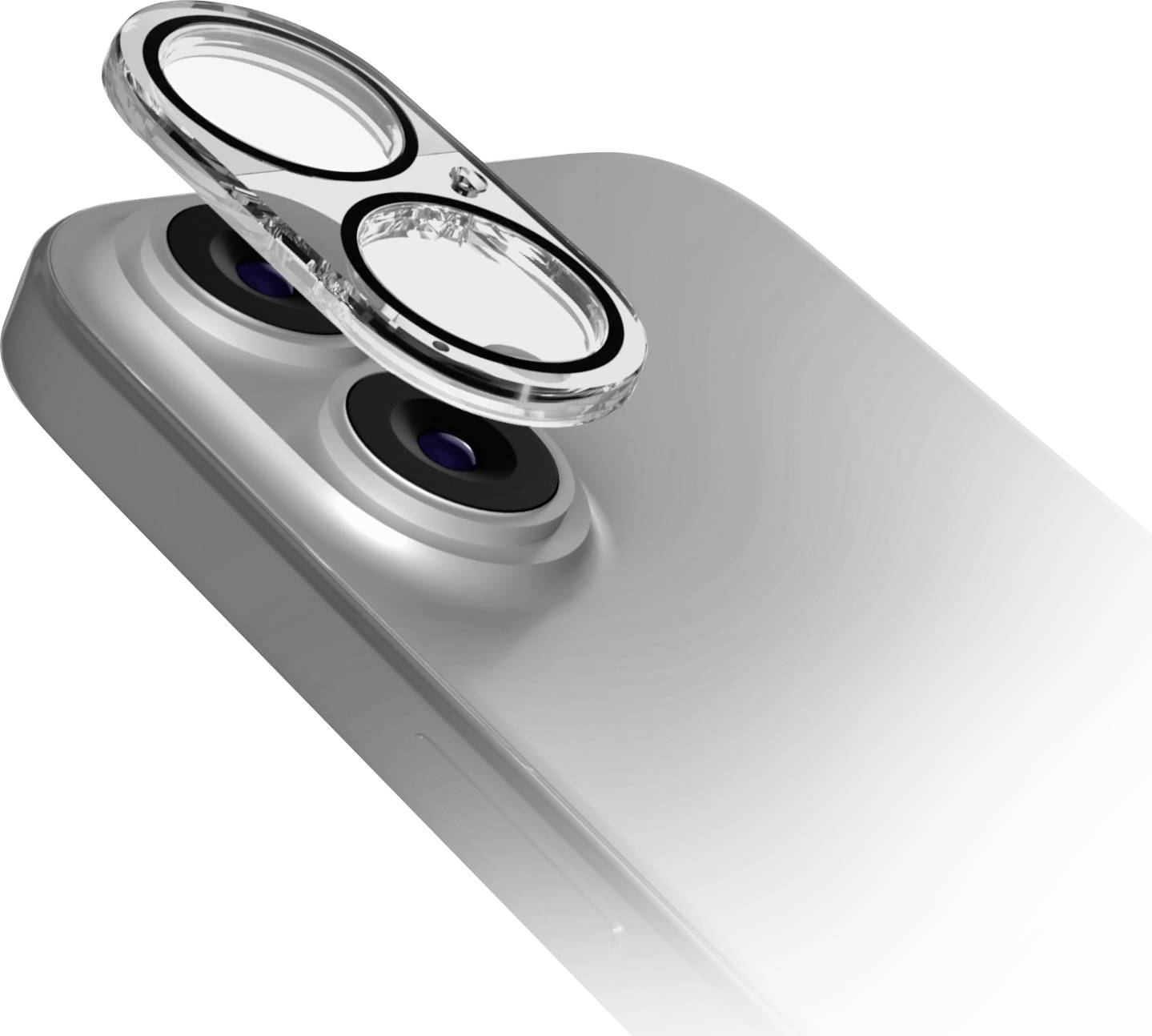 Ein Smartphone mit zwei rückseitigen Kameras und einer abnehmbaren Objektivabdeckung, das die elegantes Design und die Kamerafähigkeiten des Geräts hervorhebt.
