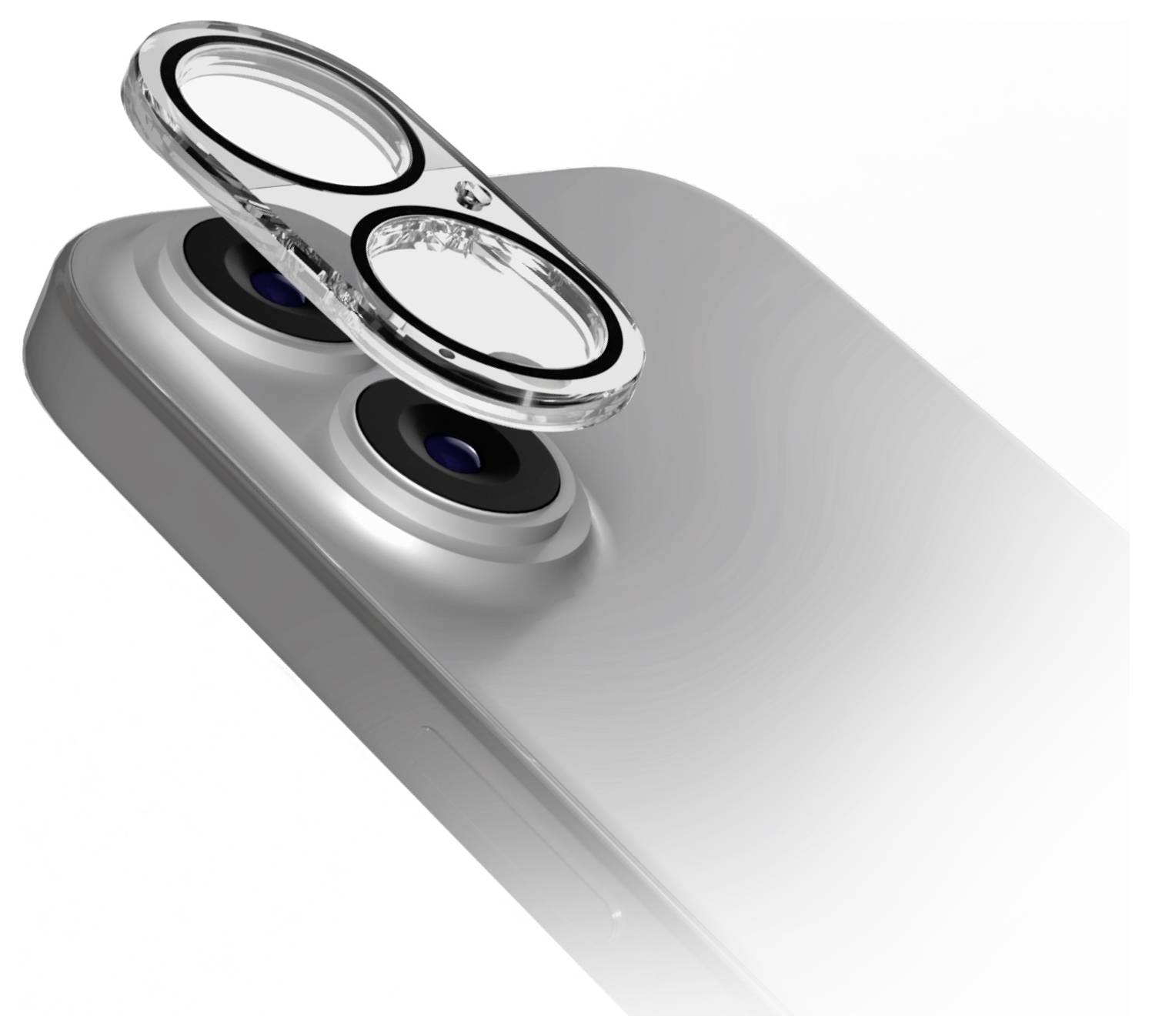 Ein Smartphone mit einer Dual-Kamera-Anordnung und einer separaten Kameraobjektivabdeckung, die gerade entfernt wird, zeigt das elegante metallische Design des Geräts.