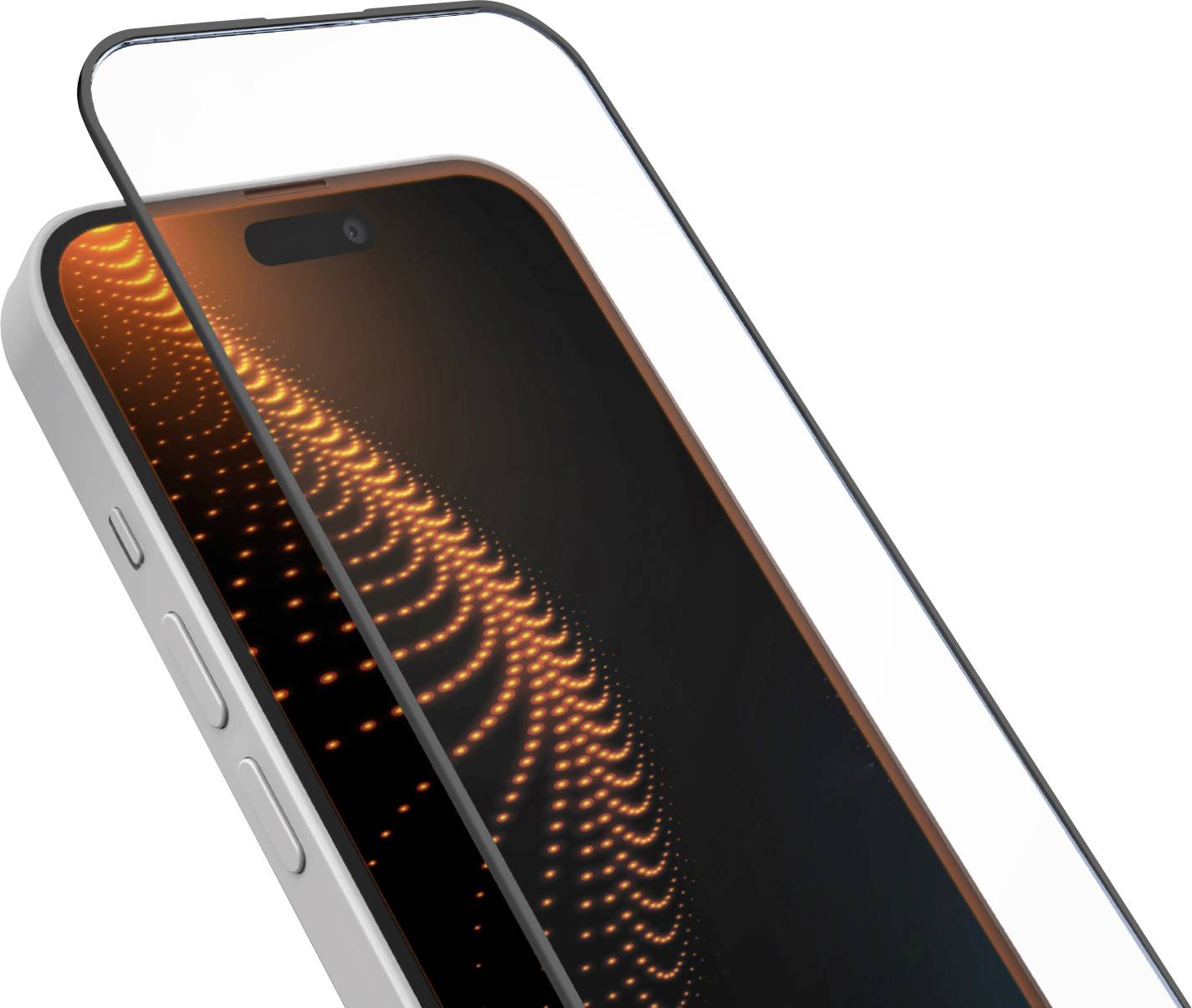 Ein Smartphone mit Hülle und Displayschutzfolie. Die Displayschutzfolie zeigt ein Muster aus leuchtenden Punkten. Kameraobjektivschutzer sind ebenfalls sichtbar.