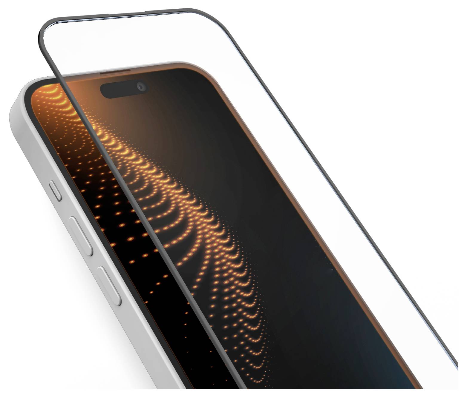Ein Smartphone mit schwarzem Bildschirm, das ein abstraktes orangefarbenes Lichtmuster anzeigt, dargestellt mit einer separaten Schutzhülle darüber.
