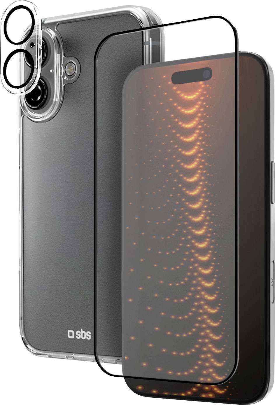 Ein Smartphone mit einer transparenten Schutzhülle, separaten Objektivabdeckungen und einem Displayschutz mit roten Lichtreflexionen, die ein Muster bilden.