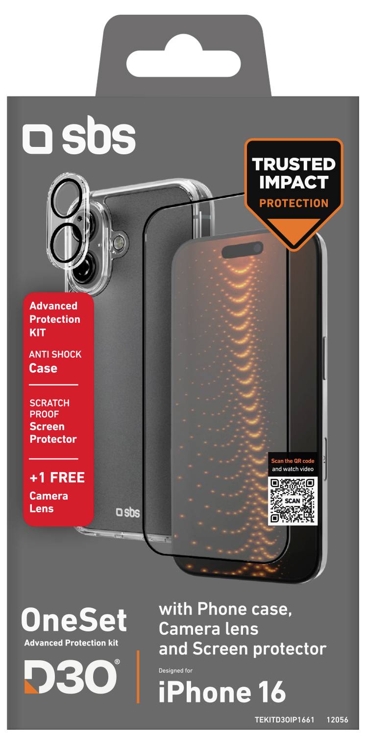 Verpackung für SBS Advanced Protection Kit mit Handyhülle, Kameraschutz und Displayschutzfolie für iPhone 16 mit Stoßschutz.