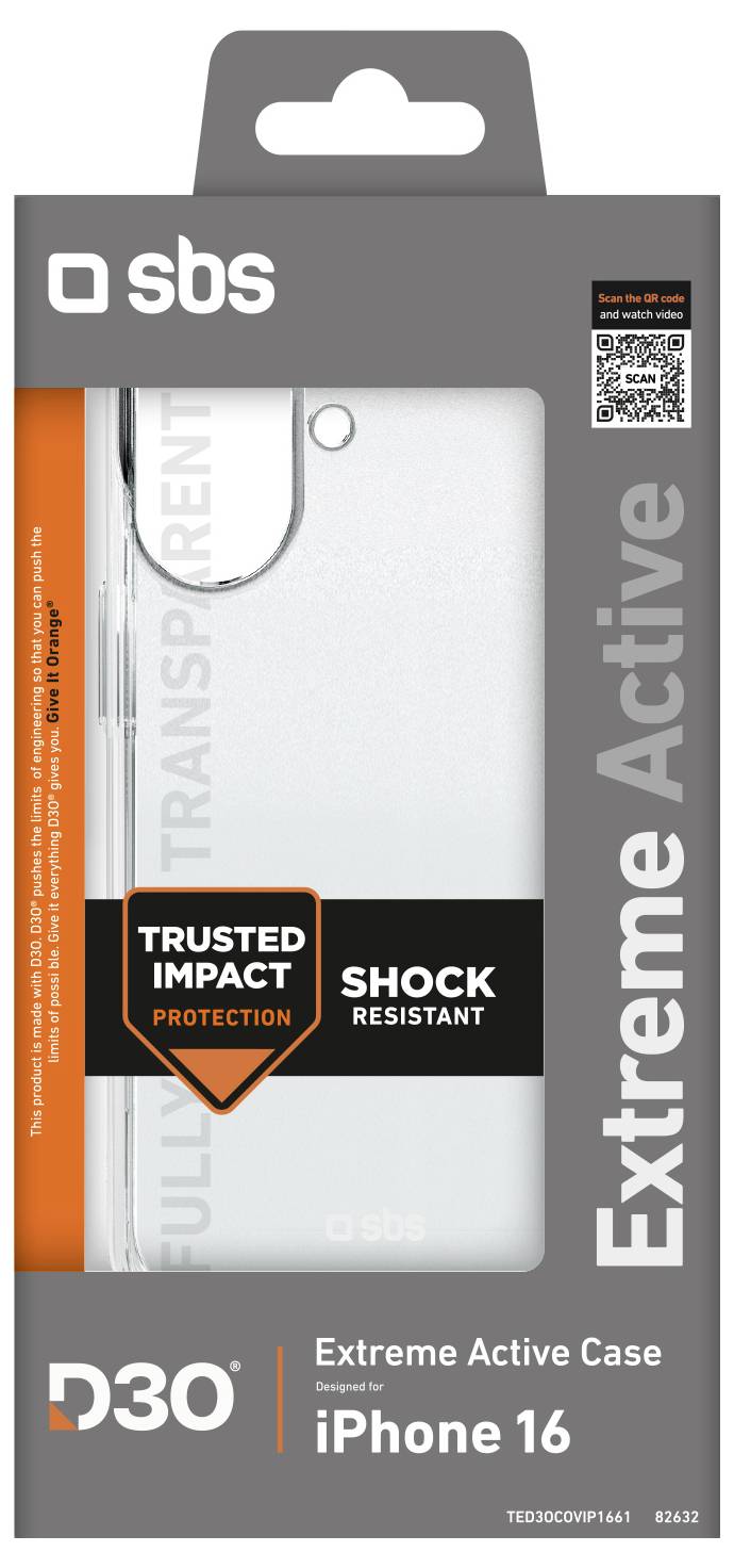 'iPhone 16 Extreme Active Case Verpackung mit transparentem Case, gekennzeichnet mit 
