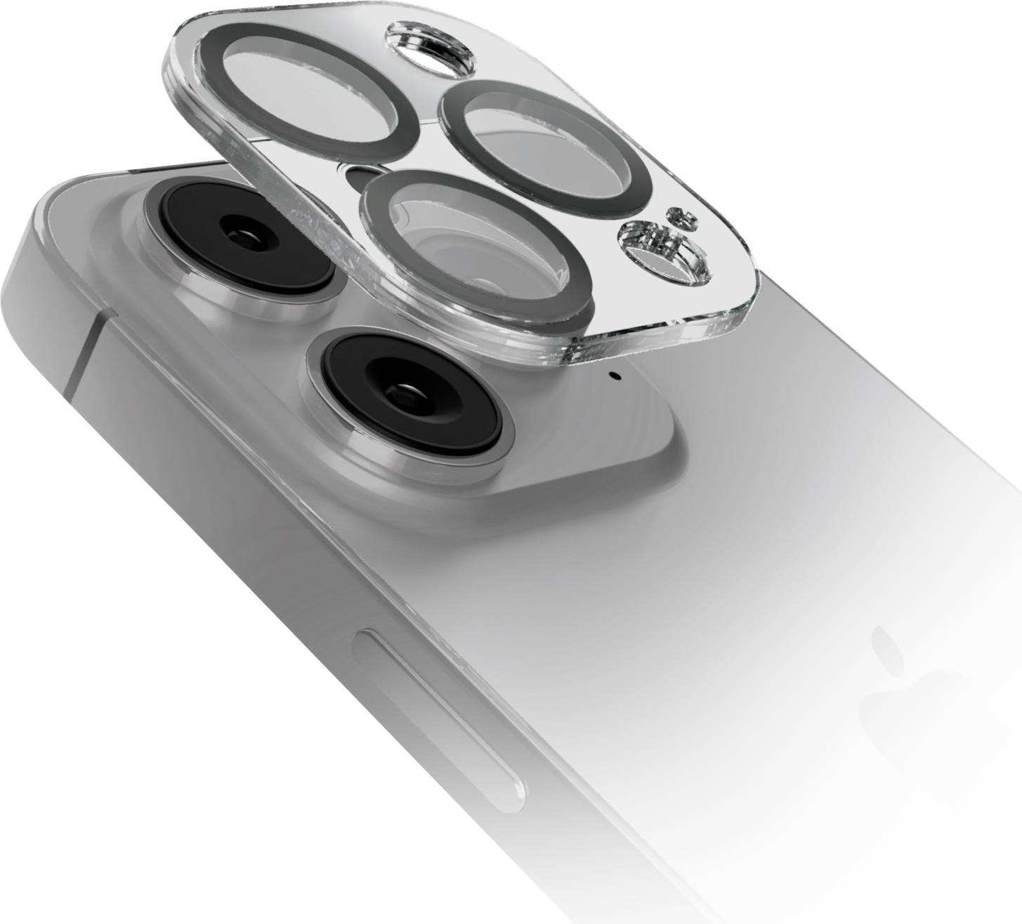 Eine Nahaufnahme eines modernen Smartphones mit seinem Dual-Kamerasystem auf der Rückseite, mit einer zusätzlichen Schutzlinsenabdeckung, die darüber positioniert ist.