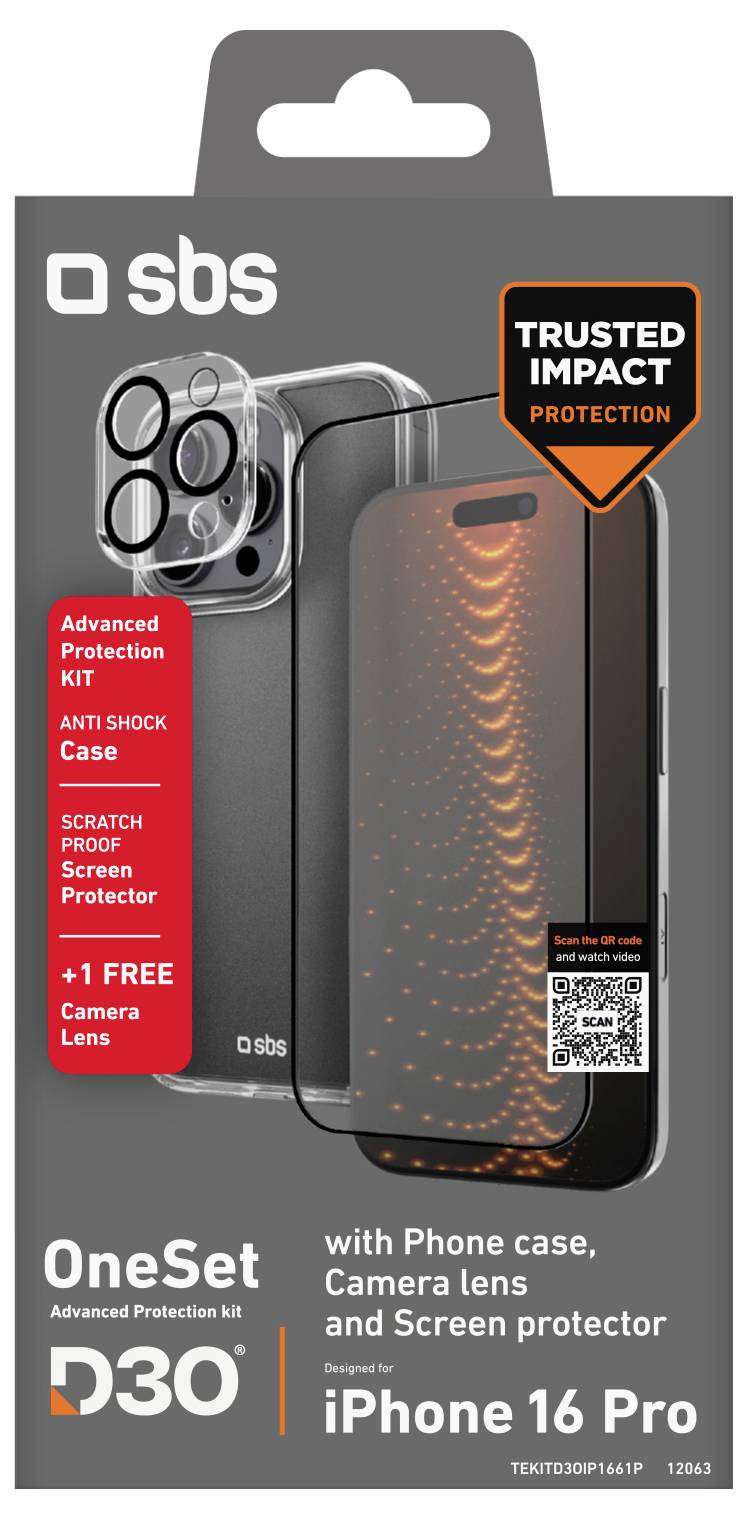 Die Verpackung für SBS D30 OneSet enthält eine Handyhülle, ein Kameraobjektiv, einen Displayschutz für iPhone 16 Pro. Es bietet „Trusted Impact Protection