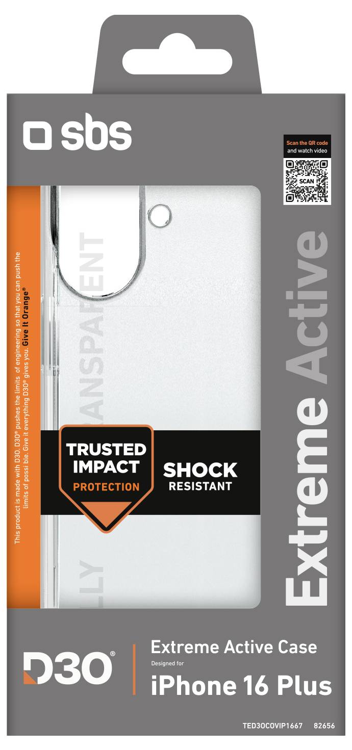 'Transparente iPhone 16 Plus Hülle Verpackung mit der Beschriftung „Extreme Active