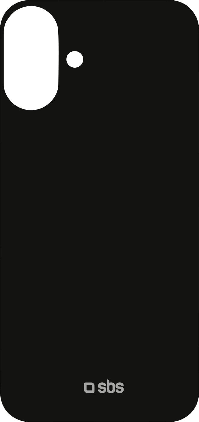 Schwarze Handyhülle mit Markenlogo am unteren Ende, mit doppeltem Kameraausschnitt und einem kleinen kreisförmigen Ausschnitt für das Blitzlicht auf der linken Seite.