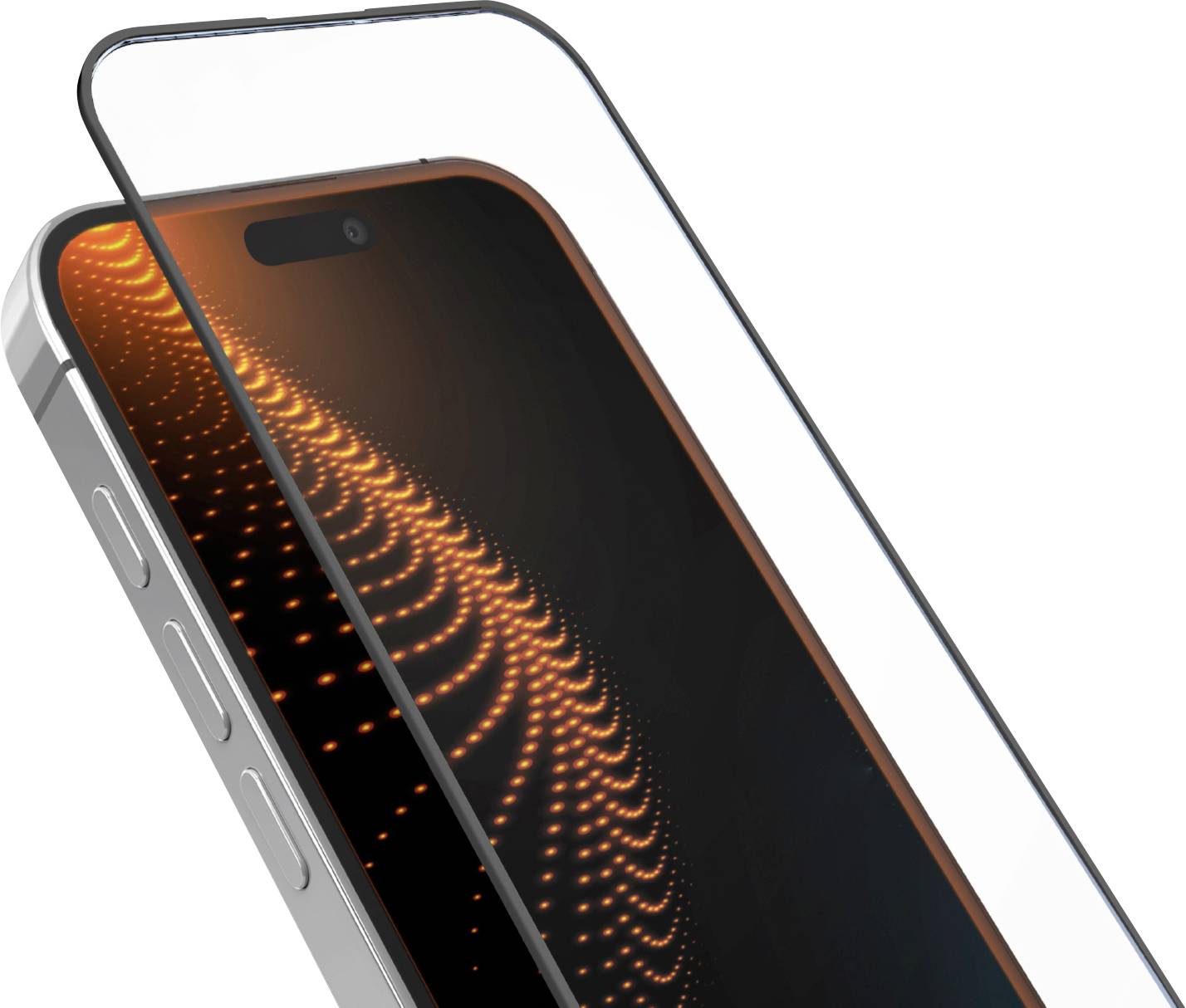 Ein Smartphone mit einer Displayschutzfolie, die ein leuchtendes Punktmuster-Effekt über dem Display aufweist, aus einer schrägen Perspektive betrachtet.