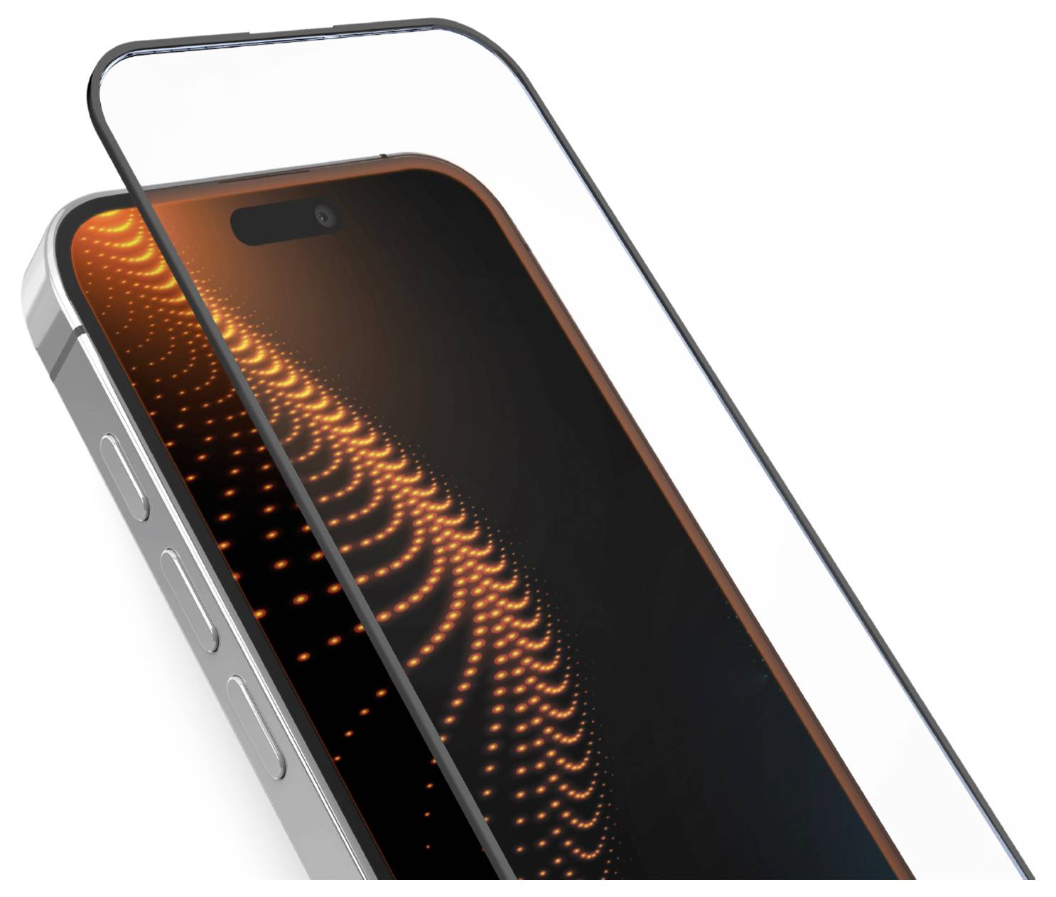 Ein Nahaufnahmebild eines Smartphones mit einem leuchtenden orange-schwarzen abstrakten Muster auf dem Bildschirm, teilweise von einer Displayschutzfolie bedeckt.