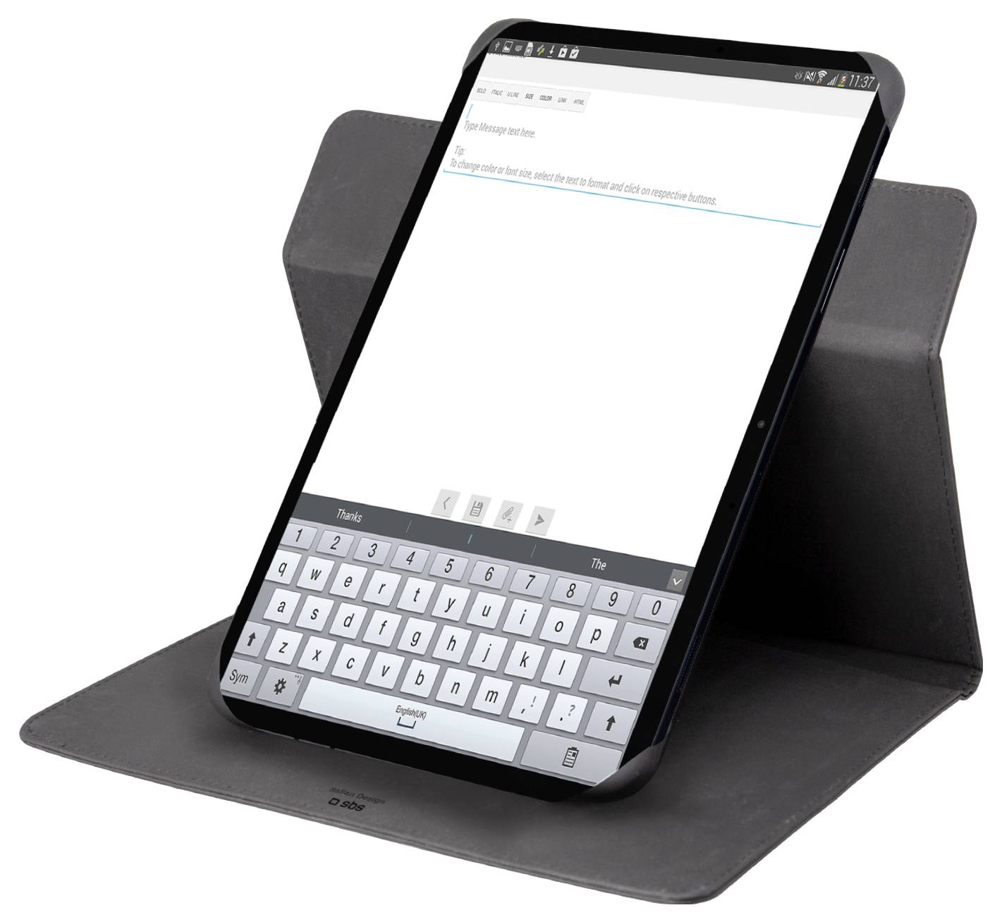 Tablet in einem schwarzen Gehäuse aufgestellt, mit einer digitalen Tastatur auf dem Bildschirm angezeigt.