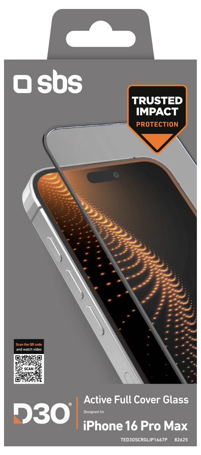 Verpackung für SBS Active Full Cover Glass Displayschutzfolie für iPhone 16 Pro Max mit dem Label „Trusted Impact Protection