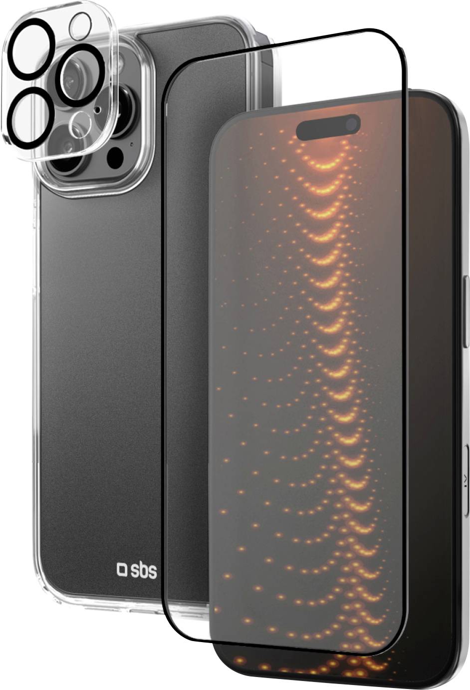 Ein Smartphone mit leuchtendem Display, das ein abstraktes Muster anzeigt, zusammen mit einer transparenten Schutzhülle und einem Kameraobjektivschutz dargestellt.