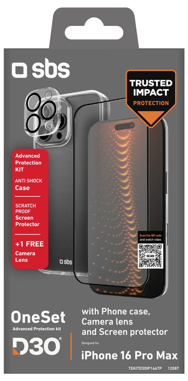 iPhone 16 Pro Max Schutzset-Verpackung mit Schutzhülle, Kameraobjektiv und Displayschutzfolie mit dem Label „Trusted Impact Protection