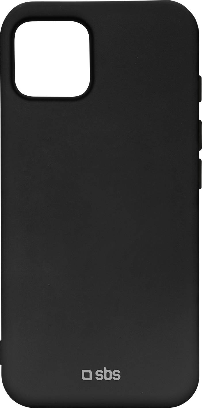 Ein schwarzes Smartphone-Case mit einfachem Design, mit einer einzelnen Kameraaussparung und 'sbs'-Logo am unteren Ende.