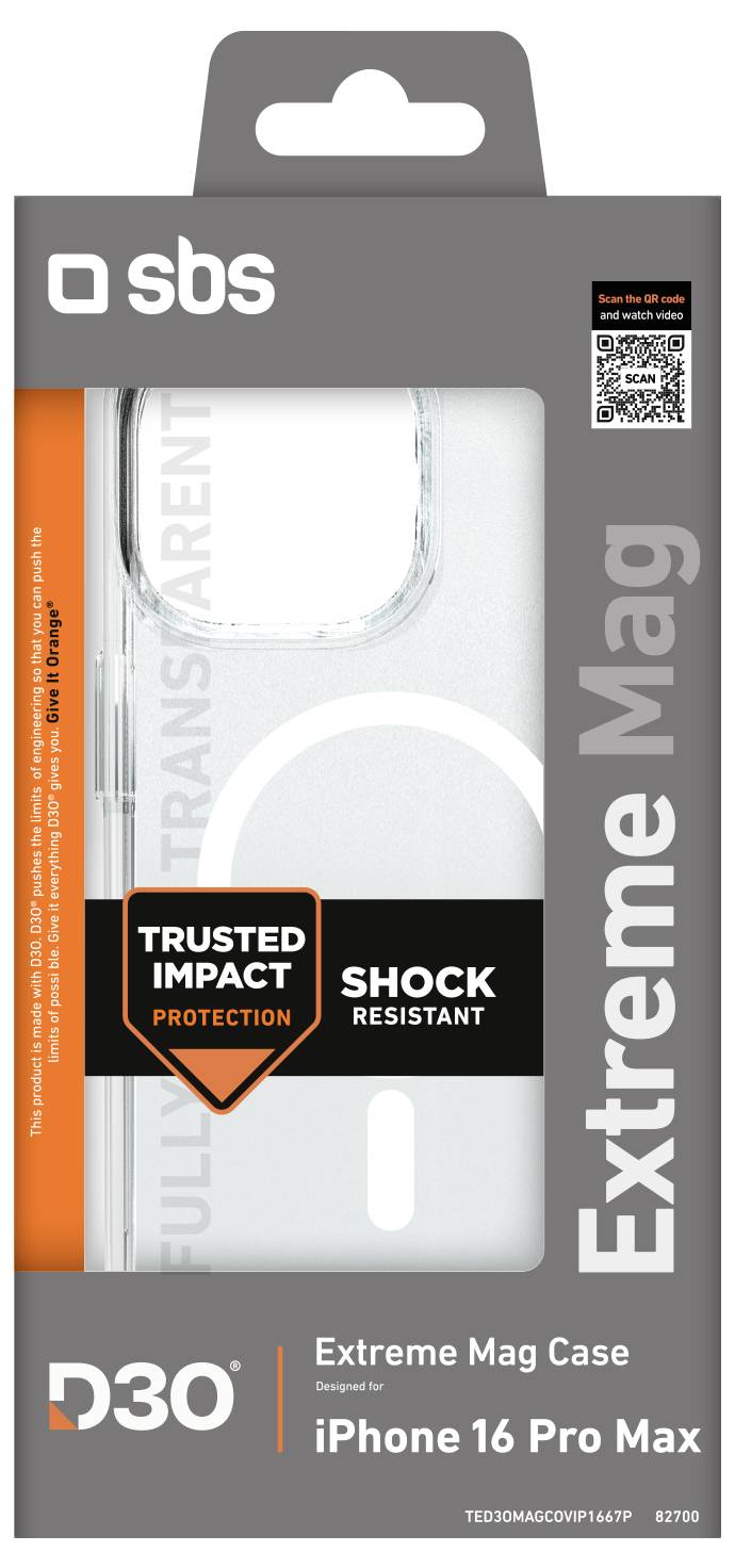 'iPhone 16 Pro Max Extreme Mag Case' Verpackung mit transparentem Gehäuse, orangenem „Trusted Impact Protection