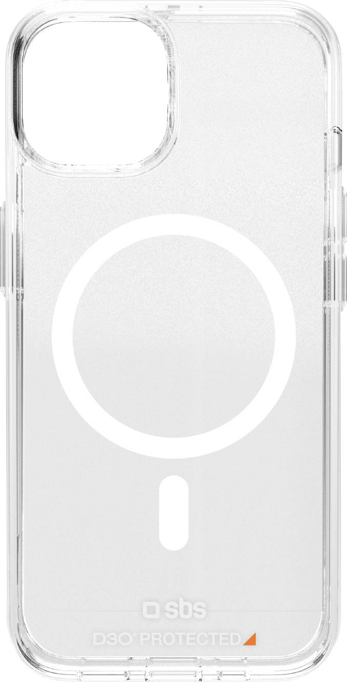 Ein durchsichtiges Handyetui mit einem kreisförmigen MagSafe-Ring zum kabellosen Aufladen, entworfen für das iPhone. Das Markenlogo „sbs