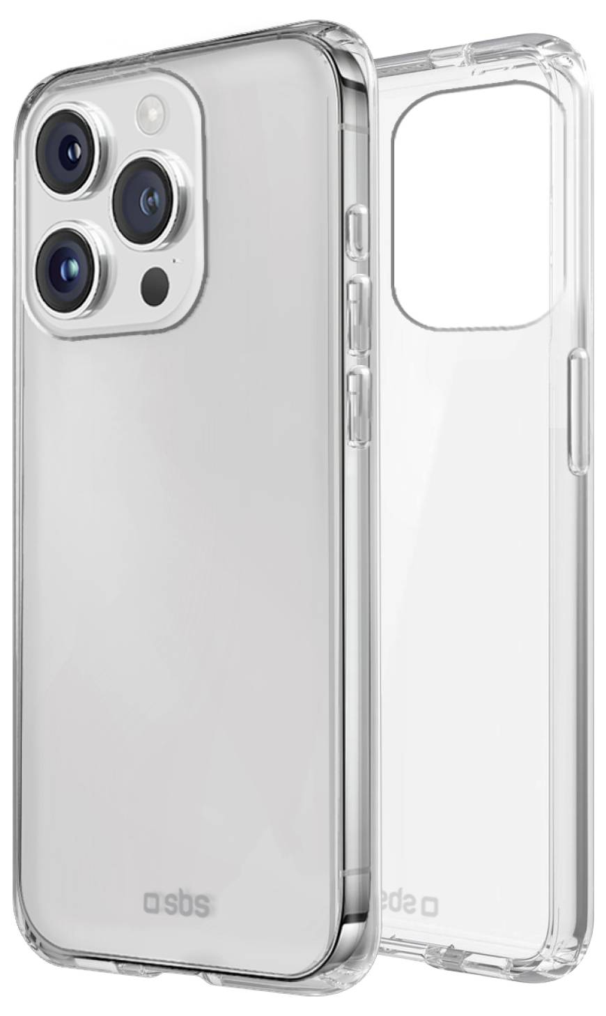 Ein durchsichtiges Smartphone-Case mit schwarzen Akzenten wird aus zwei Blickwinkeln gezeigt und präsentiert die Seite und die Rückseite, wobei der Kameraausschnittbereich hervorgehoben wird.