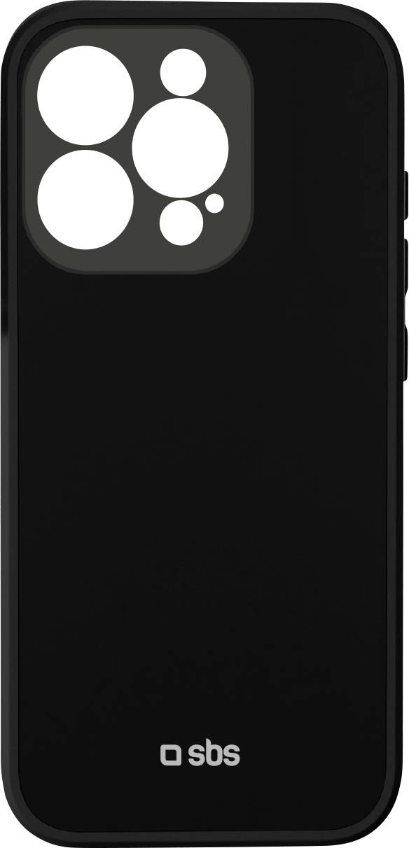 Ein schwarzes Smartphone-Schutzetui mit Linsenausschnitten oben links und dem 