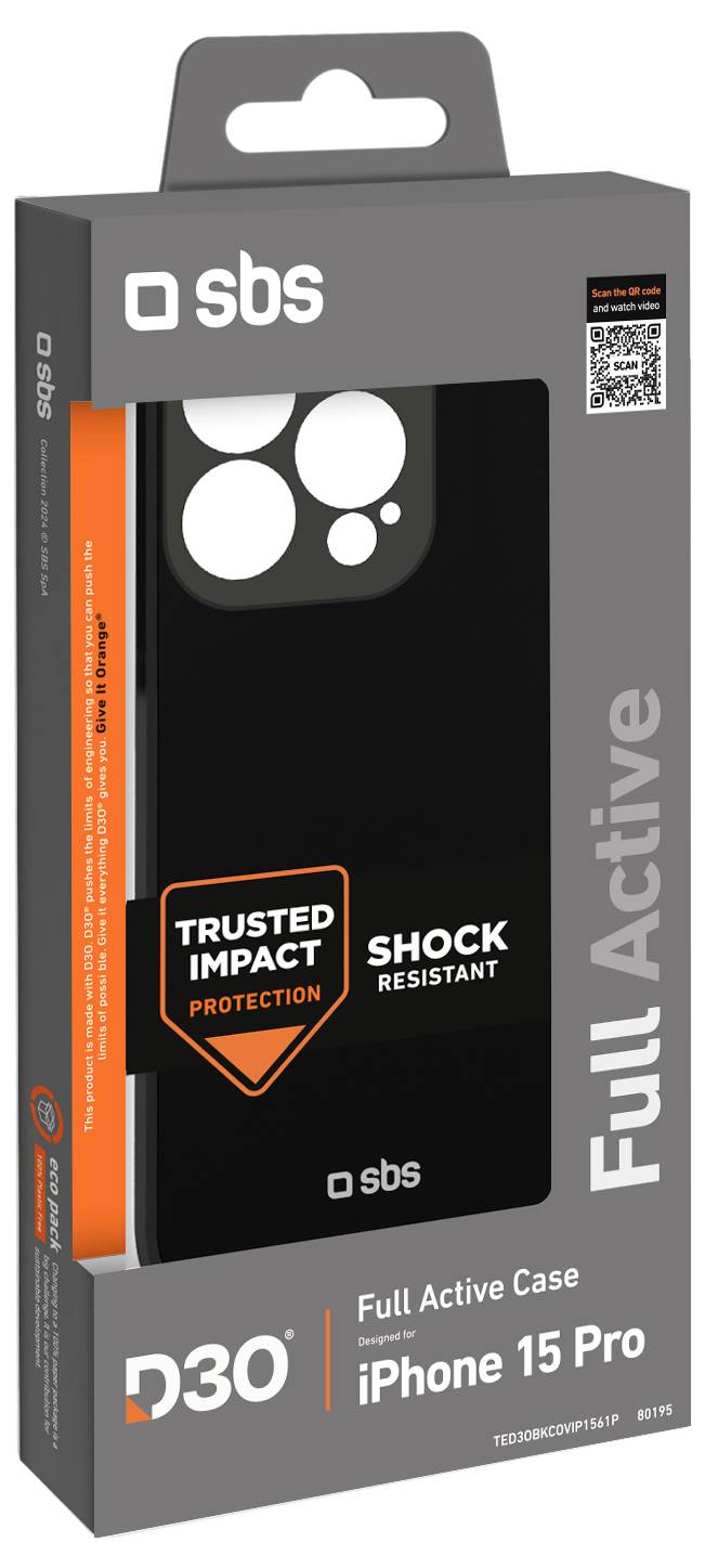 iPhone 15 Pro Vollständige Active Case von SBS in Verpackung, Funktionen umfassen zuverlässigen Aufprallschutz und Schockresistenz.