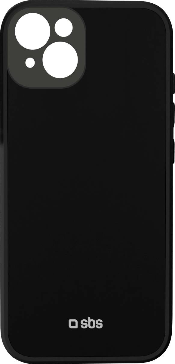 Schwarze SBS-Handyhülle mit Kameraausschnitten, für ein Smartphone konzipiert, von hinten betrachtet.