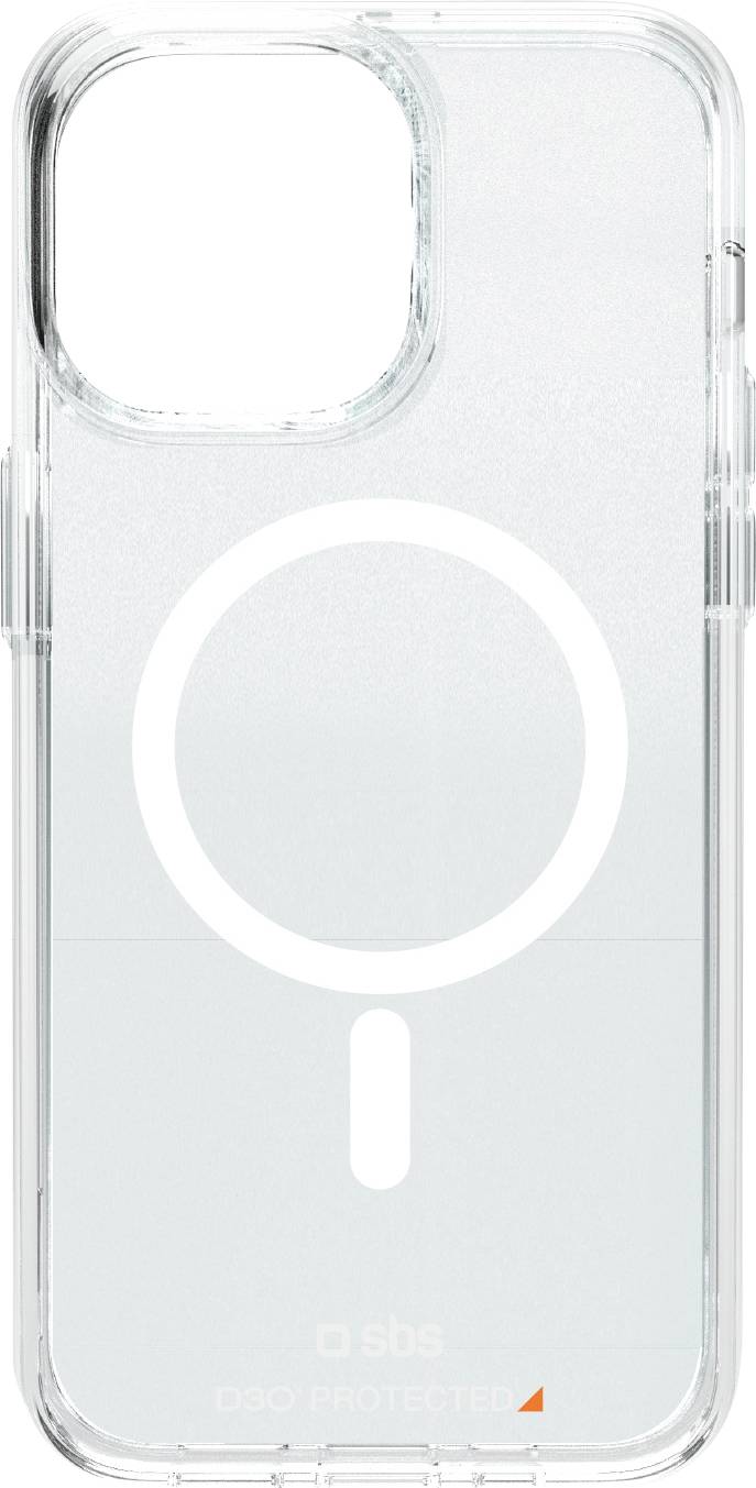 Durchsichtige Handyhülle mit einem weißen Kreisdesign auf der Rückseite, das MagSafe-Kompatibilität anzeigt. Der Text lautet „SBS